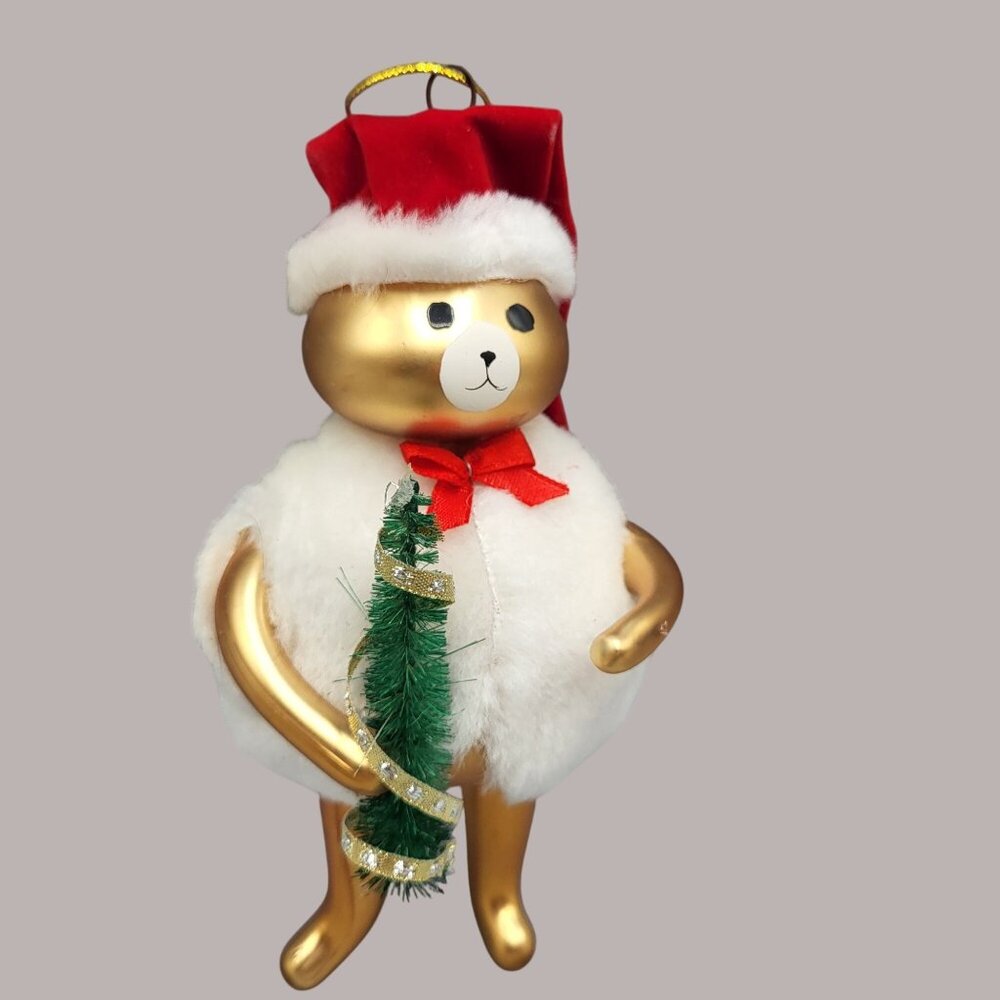 Gold & White Christmas Bear Ornament Figurine Holiday Santa Hat Tree Home Decor